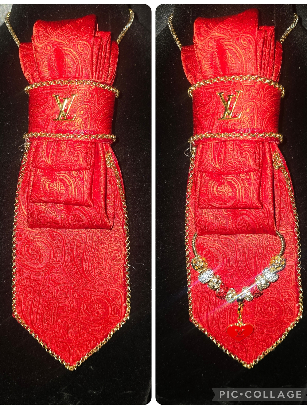 Red Paisley Tie Necklace with Gold Bracelet And Charm